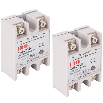 Two SSR-25AA solid state relay modules with screw terminals and 24-380VAC output rating.