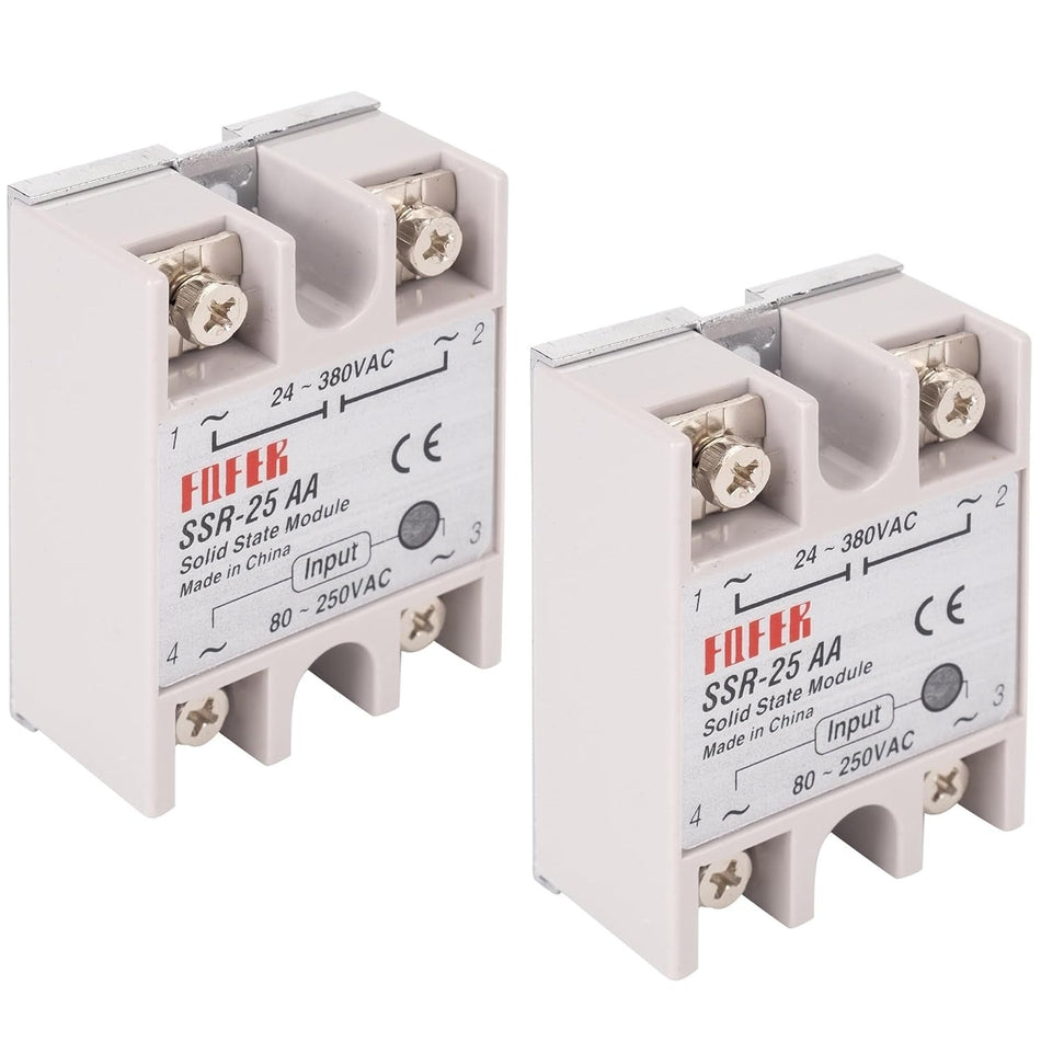 Two SSR-25AA solid state relay modules with screw terminals and 24-380VAC output rating.