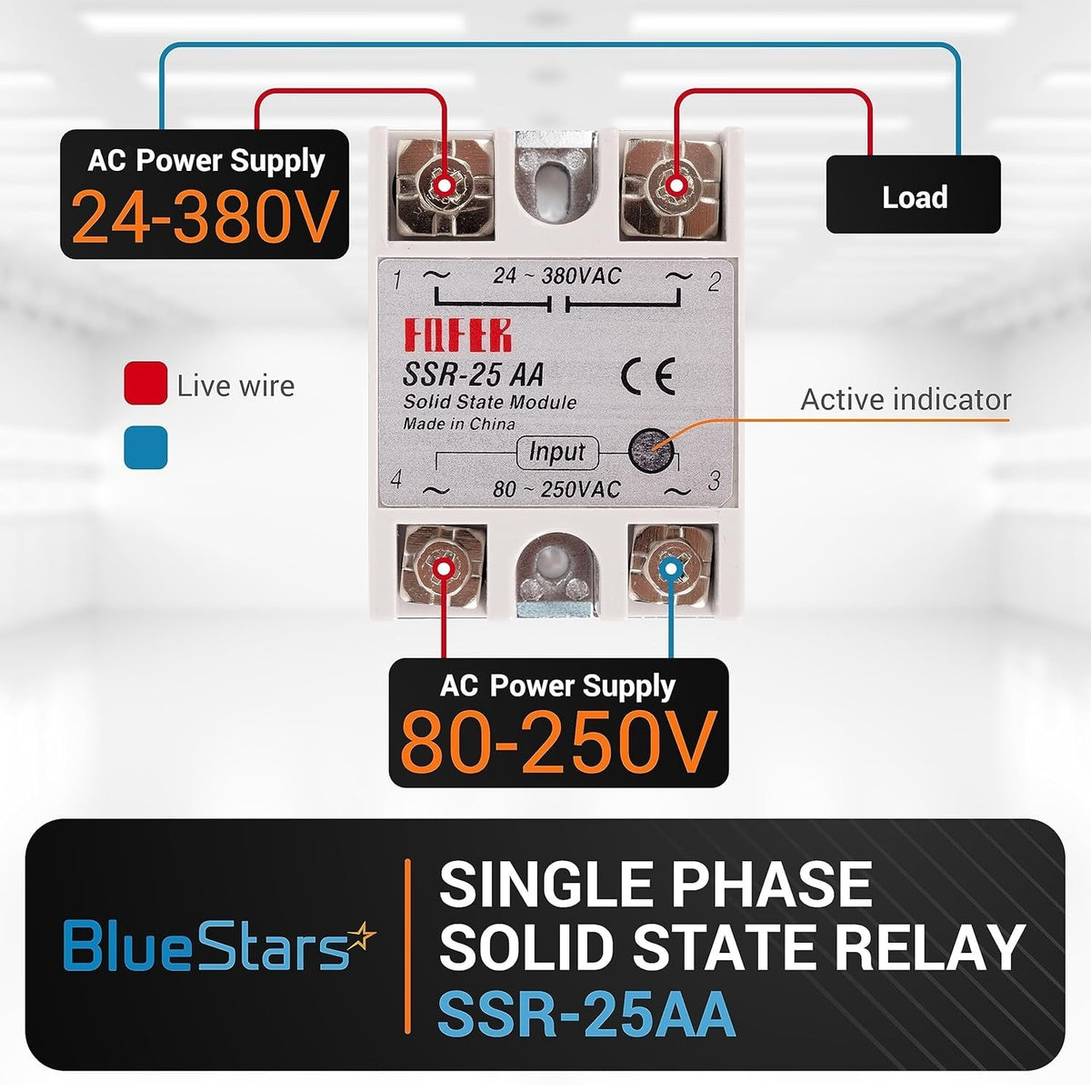 SSR-25AA solid state relay wiring diagram showing input and output connections for AC power supply and load.
