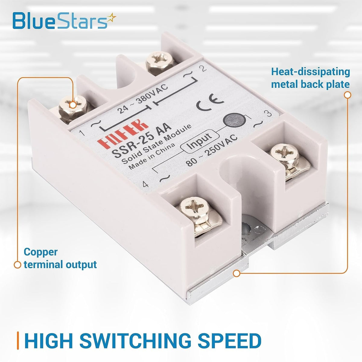 Single SSR-25AA solid state relay with copper terminal outputs and heat-dissipating metal back plate.