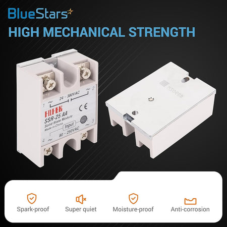 Two SSR-25AA solid state relays showing front and bottom views with technical specifications.