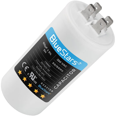 CBB60 60uF 250VAC round run capacitor with terminal connectors for air conditioner and pool pump motors.