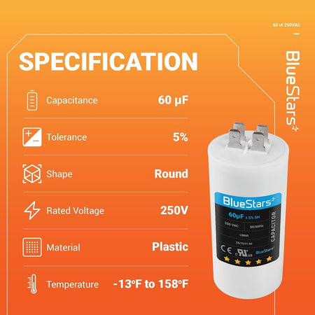 CBB60 60uF 250VAC round run capacitor specification chart showing technical ratings and operating temperature range.