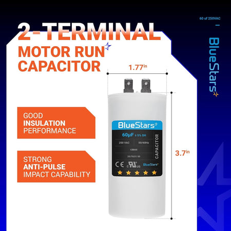 CBB60 60uF 250VAC 2-terminal round motor run capacitor with dimensions diagram.