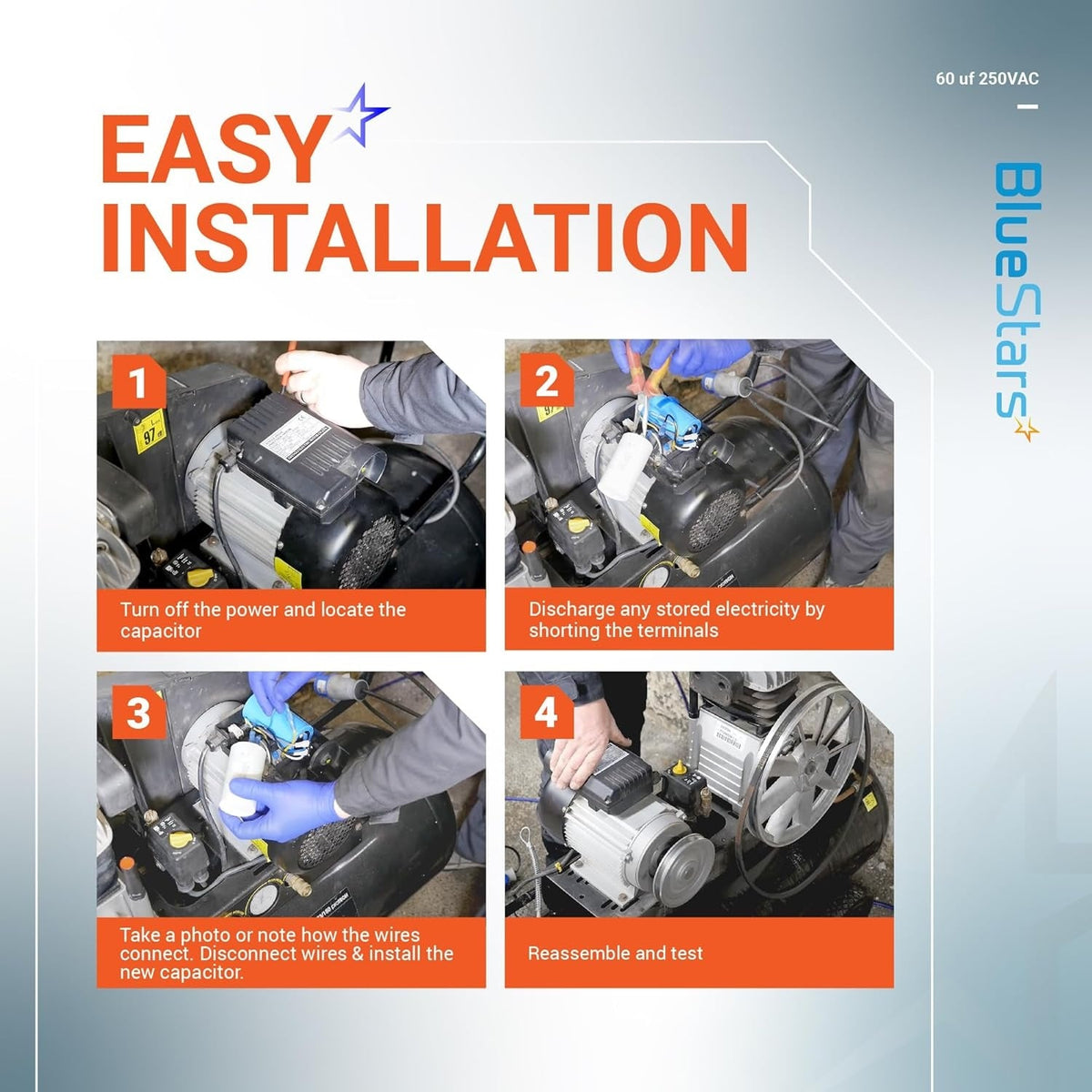 Four-step installation guide for replacing a CBB60 60uF 250VAC round run capacitor on an electric motor.