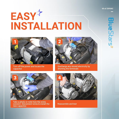 Four-step installation guide for replacing a CBB60 60uF 250VAC round run capacitor on an electric motor.