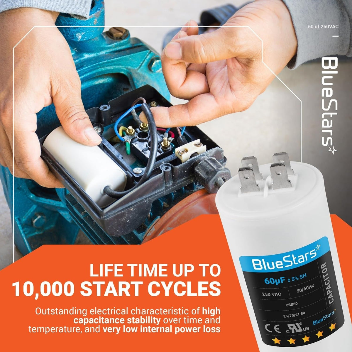 CBB60 60uF 250VAC round run capacitor being installed in a pump motor housing.