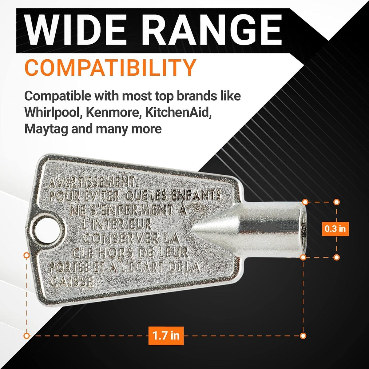 Close-up of 216702900 metal freezer door key with dimensions and compatibility information overlay.