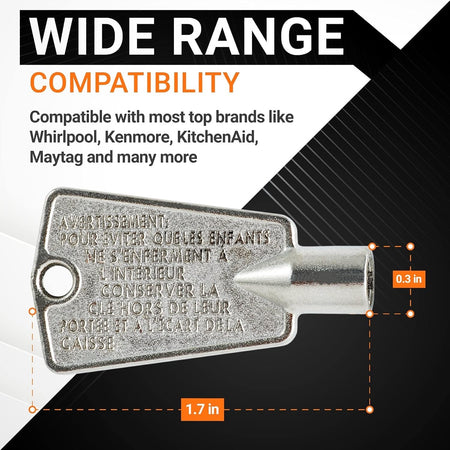 Close-up of 216702900 metal freezer door key with dimensions and compatibility information overlay.