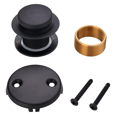 Matte black bathtub drain conversion kit with tip-toe stopper, two-hole overflow faceplate, brass bushing, and screws.