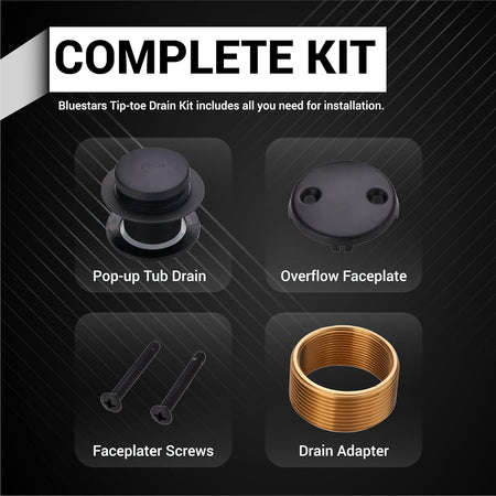 Matte black bathtub drain conversion kit components including pop-up drain, two-hole overflow faceplate, screws, and adapter.