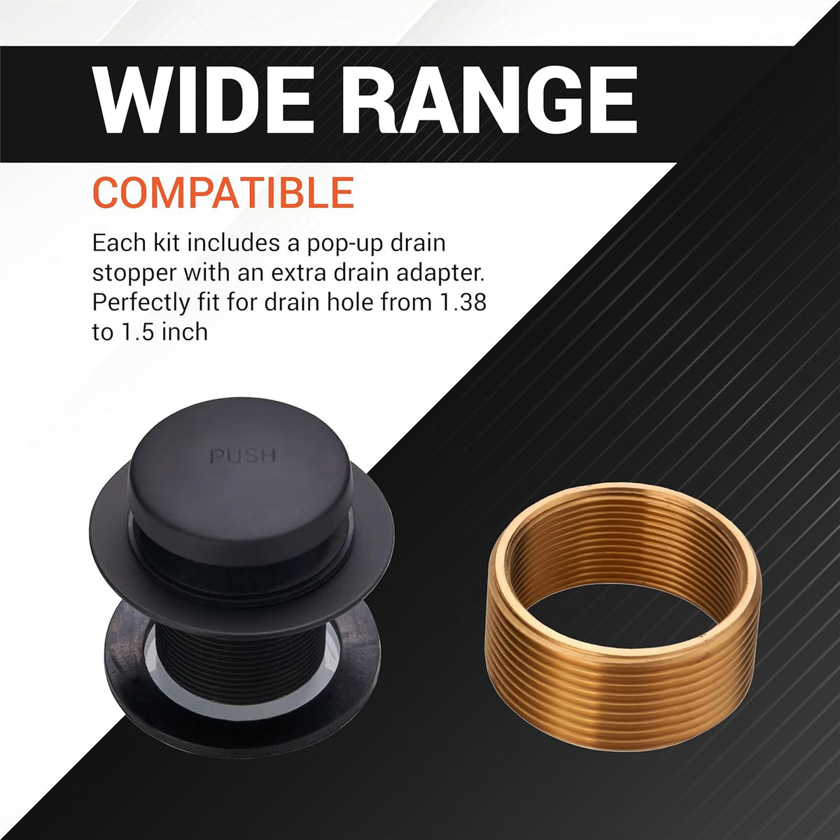 Matte black tip-toe bathtub drain stopper and brass thread adapter for 1.40-1.50 inch standard drains.