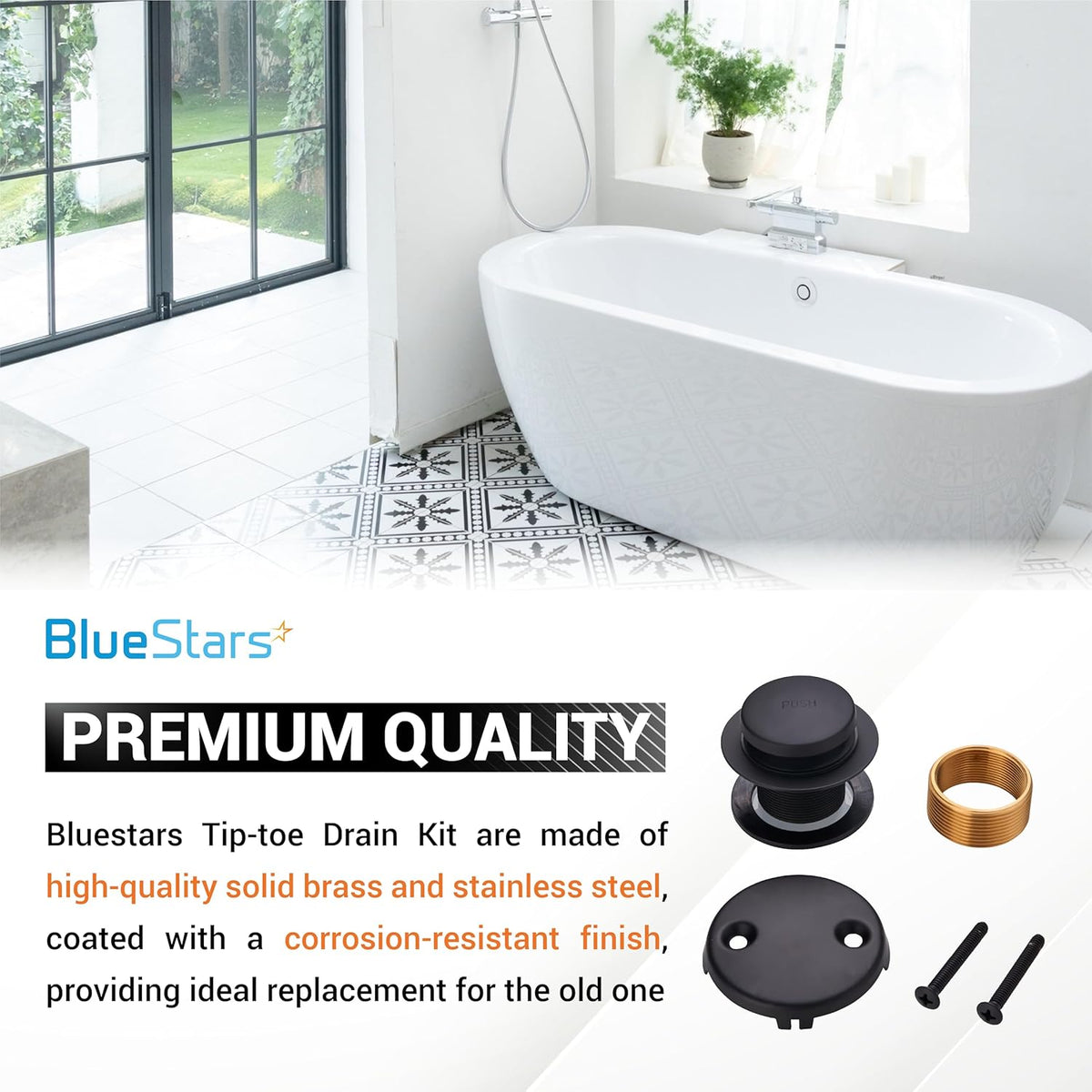 Matte black bathtub tip-toe drain conversion kit with two-hole overflow faceplate and brass adapter.