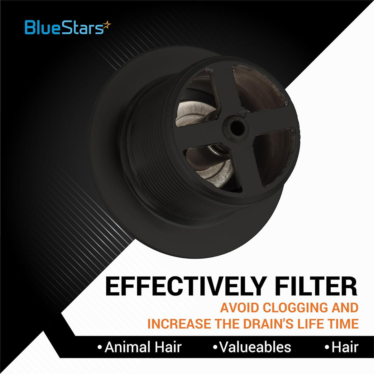 Matte black bathtub drain strainer insert for clog prevention and debris filtration.
