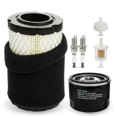 Lawn tractor maintenance kit with air filter, oil filter, two spark plugs, and two fuel filters.