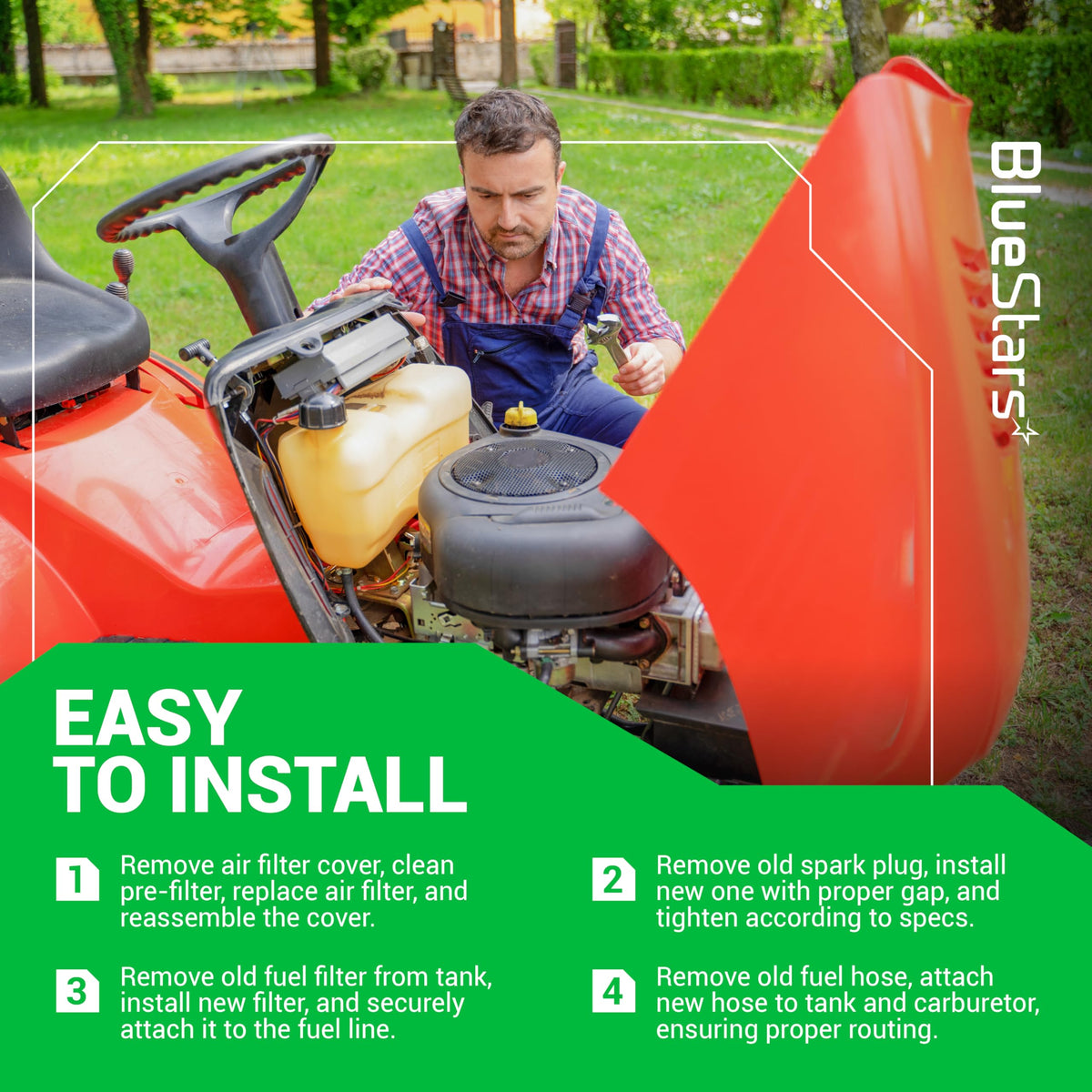 Mechanic performing maintenance on a lawn tractor with easy installation instructions for air and oil filter replacement.
