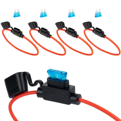Set of four 14 gauge waterproof inline fuse holders with orange marine wire and blue blade fuses.