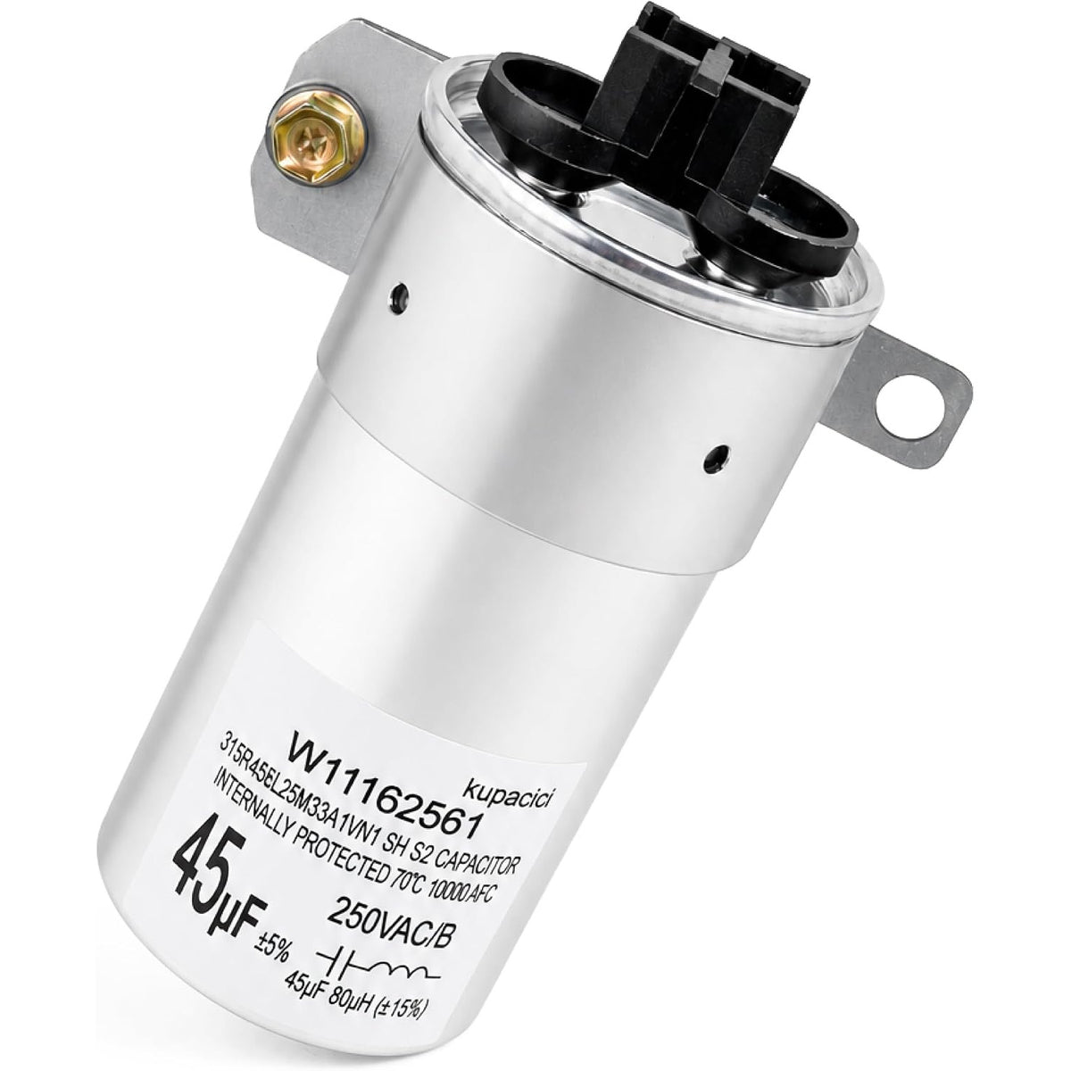 W11428524 45µF washer run capacitor, silver cylindrical body with black connector and mounting brackets, labeled 250VAC