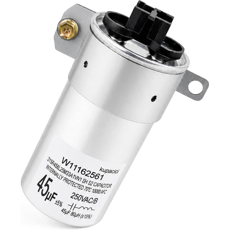 W11428524 45µF washer run capacitor, silver cylindrical body with black connector and mounting brackets, labeled 250VAC