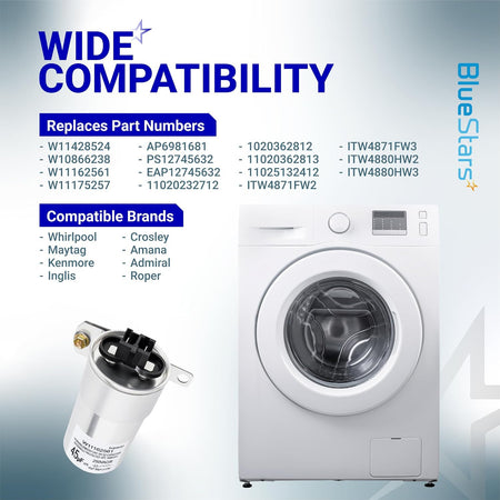 W11428524 45µF run capacitor compatibility chart with replacement numbers, brands, capacitor, and washer