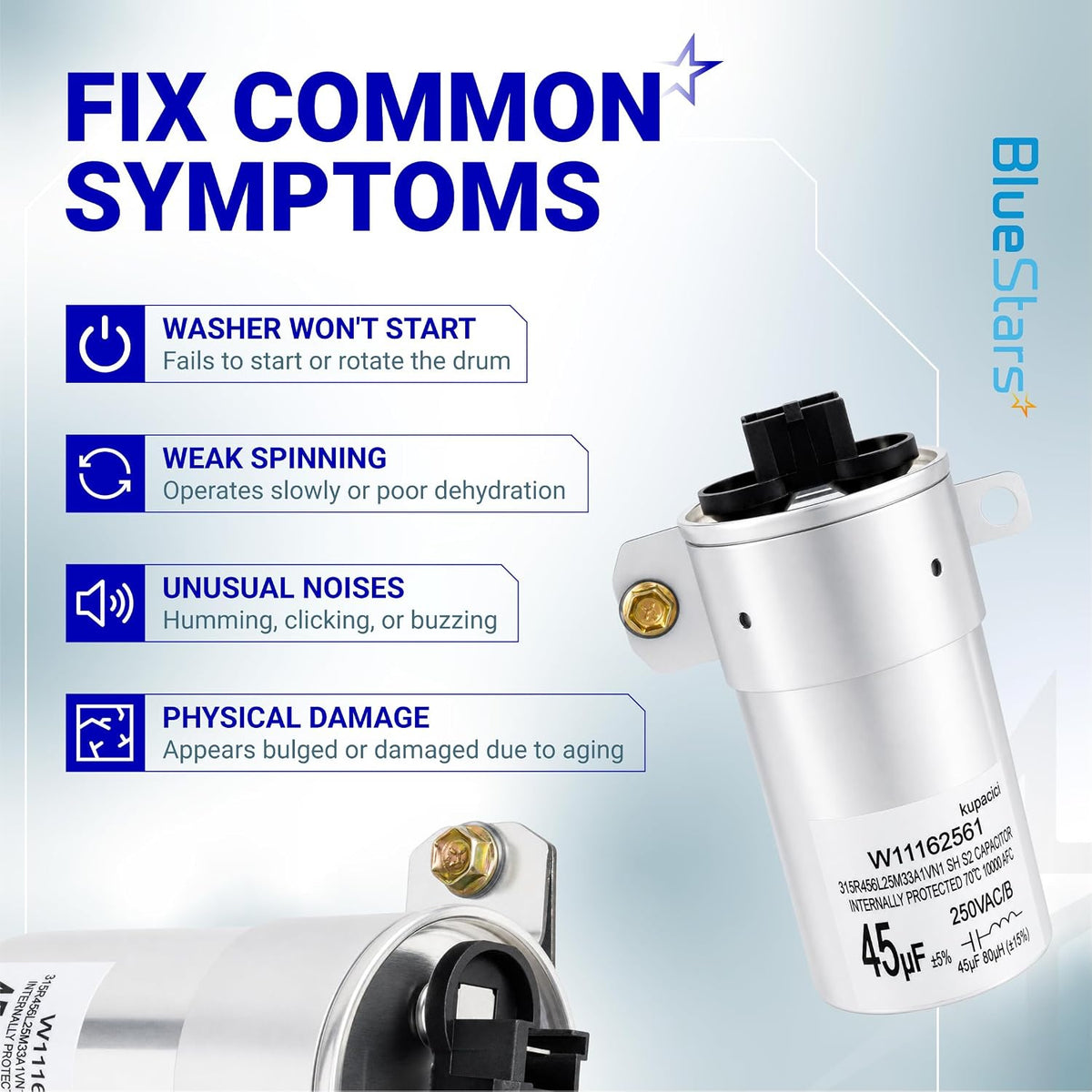 W11428524 45µF MFD ±5% 250V 50/60Hz run capacitor with common washer symptom graphics