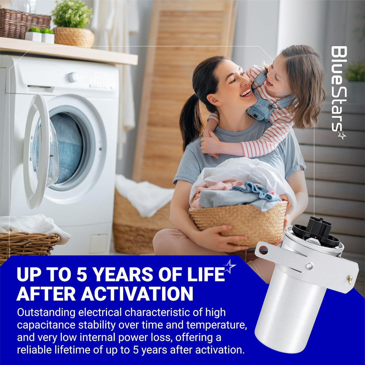 W11428524 45µF Run Capacitor, product graphic over a laundry scene with an up-to-5-years-after-activation claim