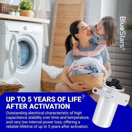 W11428524 45µF Run Capacitor, product graphic over a laundry scene with an up-to-5-years-after-activation claim