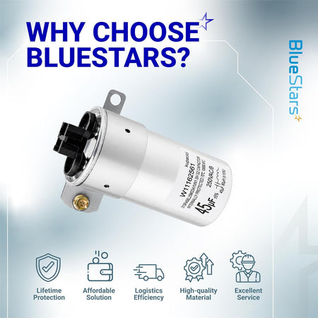 W11428524 45µF MFD ±5% 250V run capacitor shown in a BlueStars promotional graphic