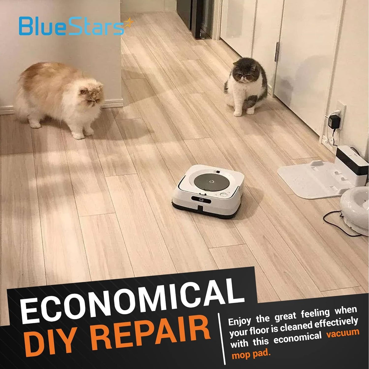 iRobot Braava Jet m6 robot mop cleaning a floor with two cats nearby, featuring an Economical DIY Repair overlay.