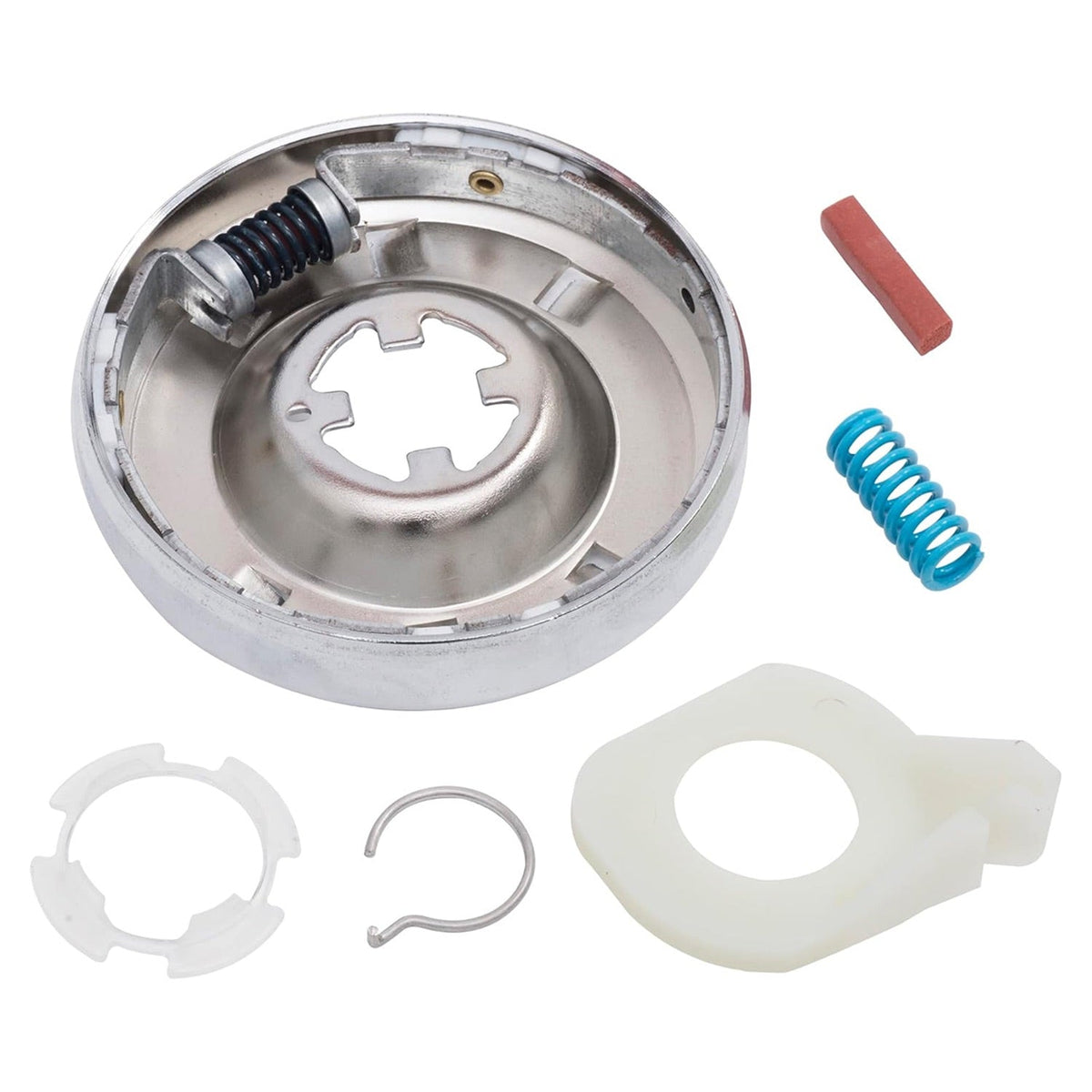 285785 washer clutch kit components including metal clutch assembly, blue spring, plastic parts, and metal clip.