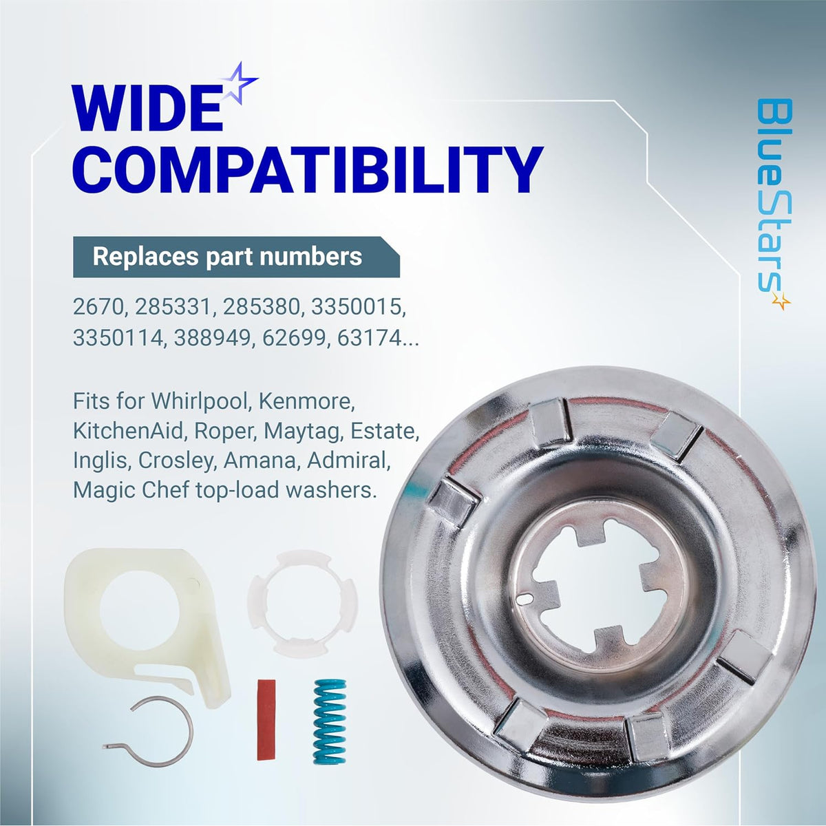 285785 Washer Clutch Kit graphic showing metal clutch assembly, small components, and replacement part numbers