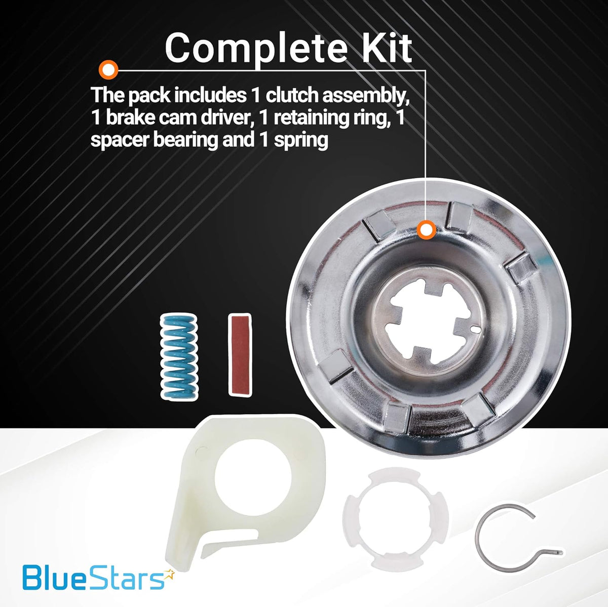285785 washer clutch kit components including clutch assembly, brake cam driver, spring, and retaining ring.