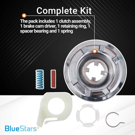 285785 washer clutch kit components including clutch assembly, brake cam driver, spring, and retaining ring.