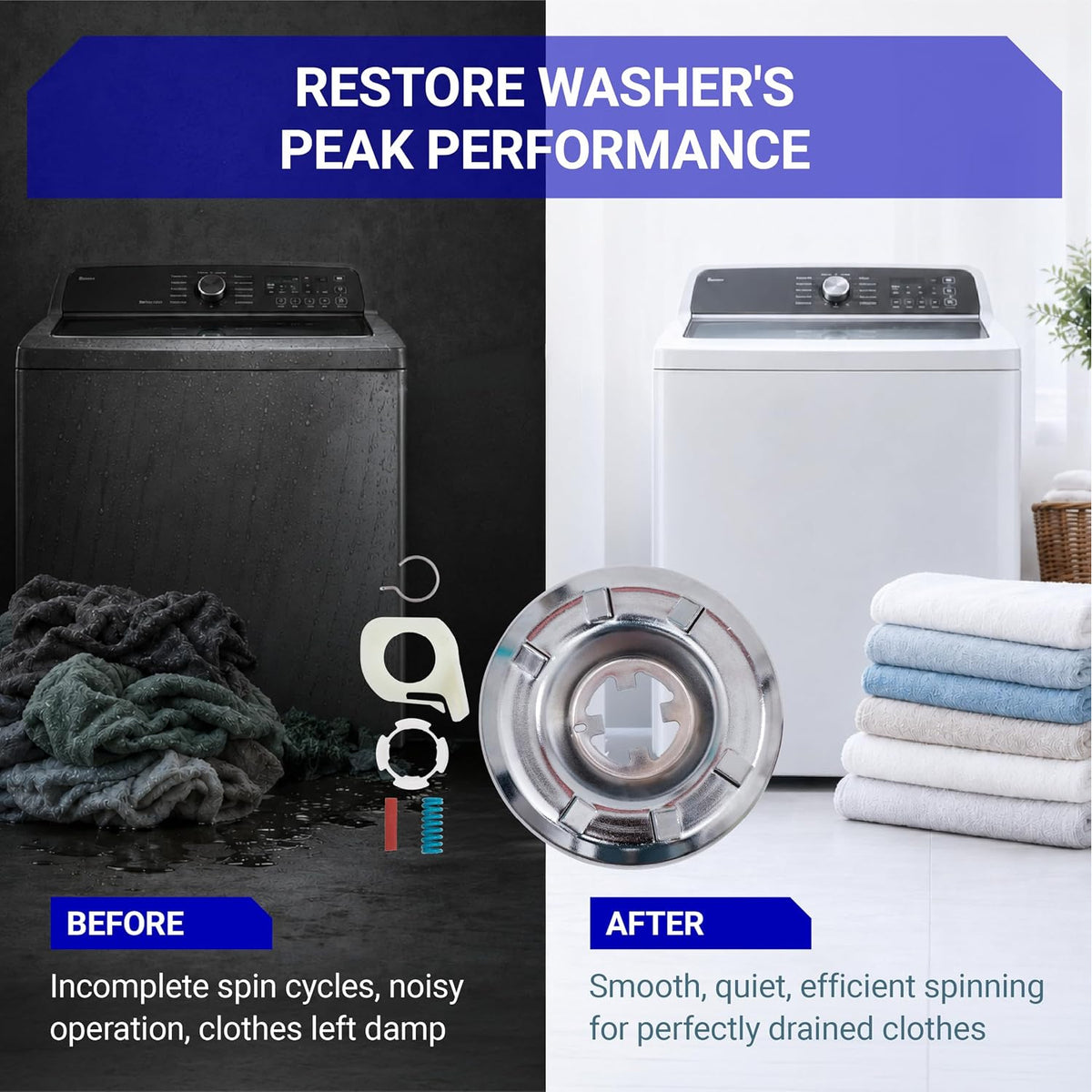285785 Washer Clutch Kit, split before-and-after washer scene with clutch components and performance text