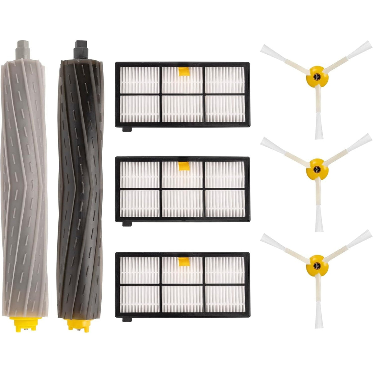 Replacement parts kit for iRobot Roomba 800 and 900 series including two debris extractors, three filters, and side brushes.