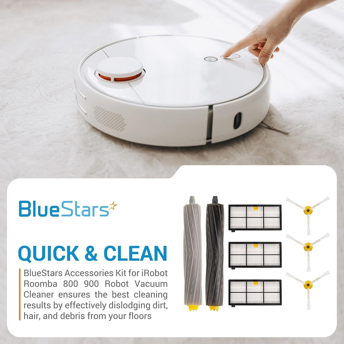 BlueStars accessories kit for iRobot Roomba 800 and 900 series showing debris extractors, HEPA filters, and side brushes.