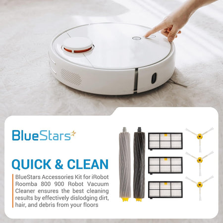 BlueStars accessories kit for iRobot Roomba 800 and 900 series showing debris extractors, HEPA filters, and side brushes.