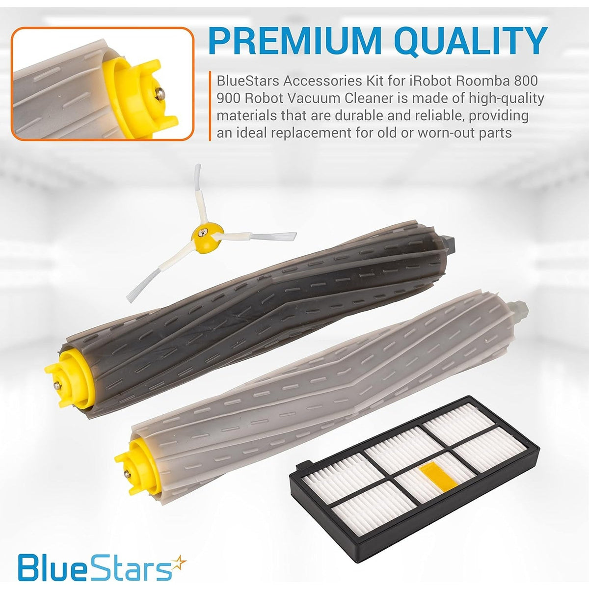 Replacement debris extractors, side brush, and HEPA filter for iRobot Roomba 800 and 900 series vacuum cleaners.