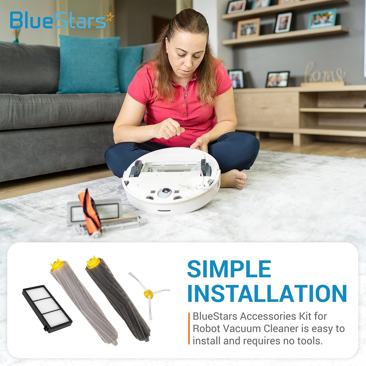 Woman installing replacement parts from the BlueStars accessories kit into an iRobot Roomba robot vacuum.