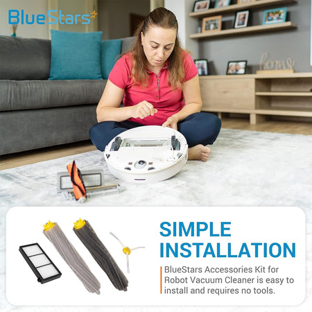 Woman installing replacement parts from the BlueStars accessories kit into an iRobot Roomba robot vacuum.