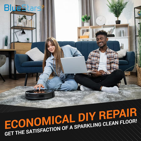 Couple using a Roomba vacuum cleaner in a living room for DIY repair and maintenance.