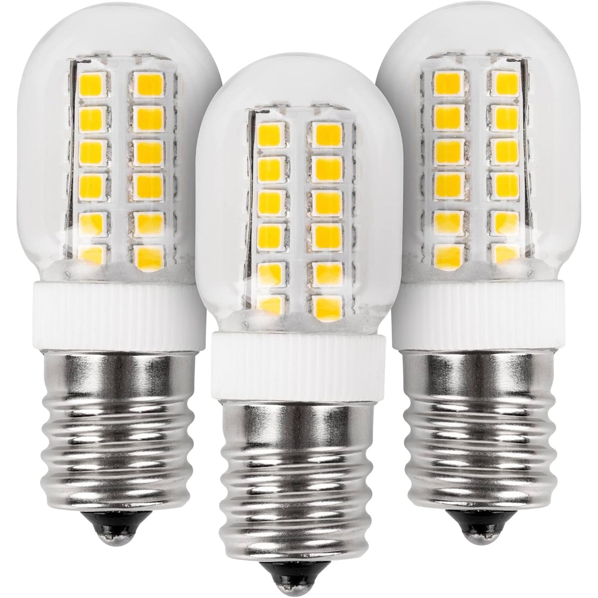 Three 3W E17 base LED light bulbs with clear glass and visible yellow diode arrays.