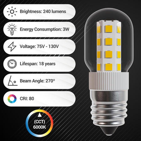8206232A 3W E17 LED light bulb with technical specifications infographic.