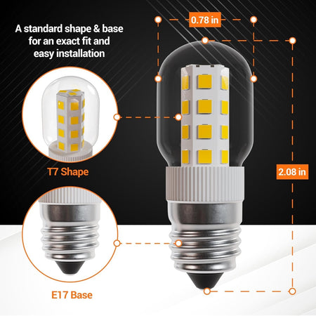 Dimensional diagram of 8206232A 3W T7 LED light bulb with E17 base showing 0.78 inch width and 2.08 inch height.