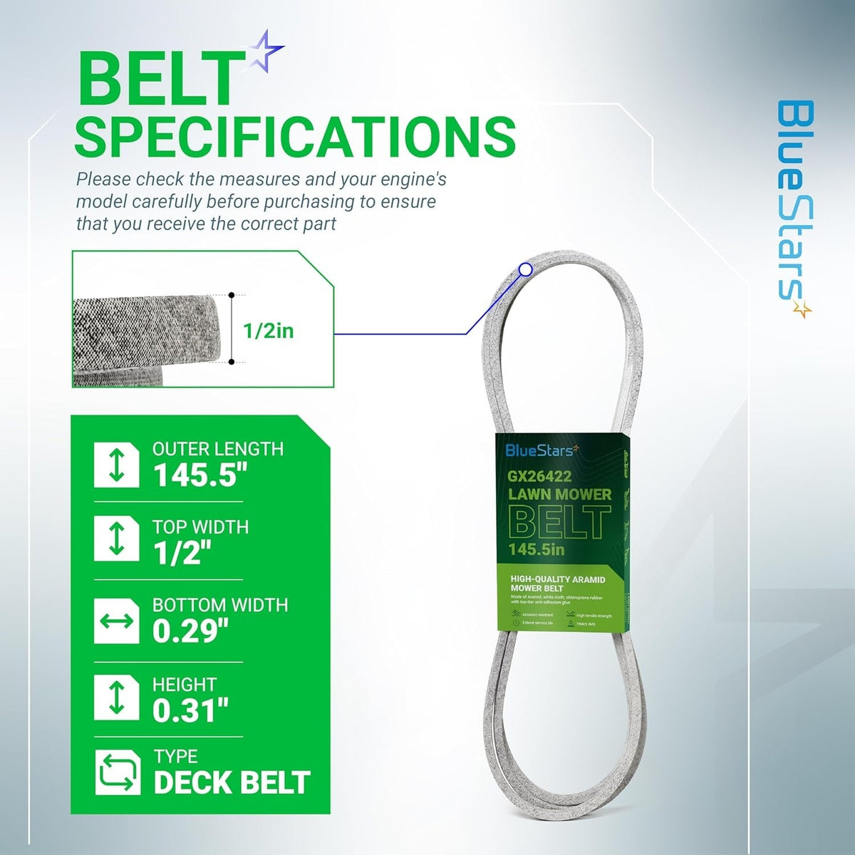 GX26422 mower deck belt specifications chart showing 145.5-inch length and 1/2-inch width dimensions.