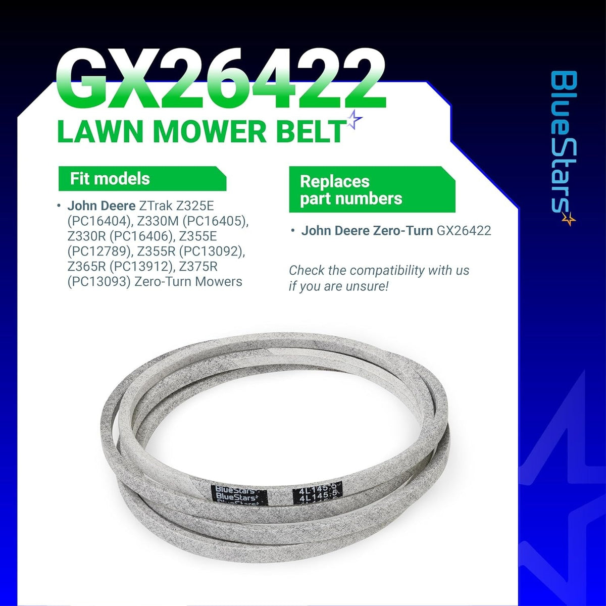 GX26422 mower deck belt for John Deere ZTrak zero-turn mowers shown with compatibility information graphic.