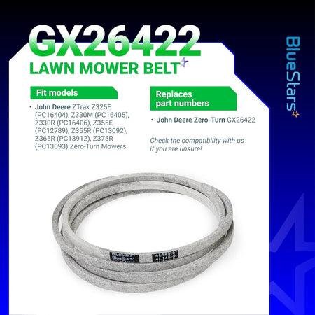 GX26422 mower deck belt for John Deere ZTrak zero-turn mowers shown with compatibility information graphic.