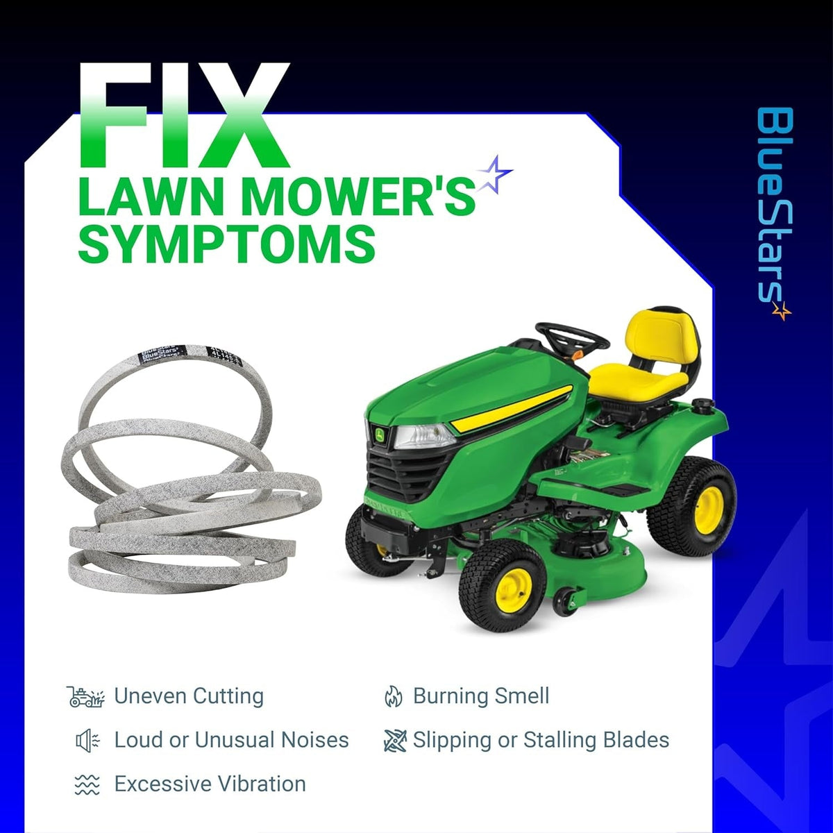 GX26422 mower deck belt shown with a John Deere ZTrak mower and list of common lawn mower repair symptoms.