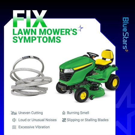GX26422 mower deck belt shown with a John Deere ZTrak mower and list of common lawn mower repair symptoms.