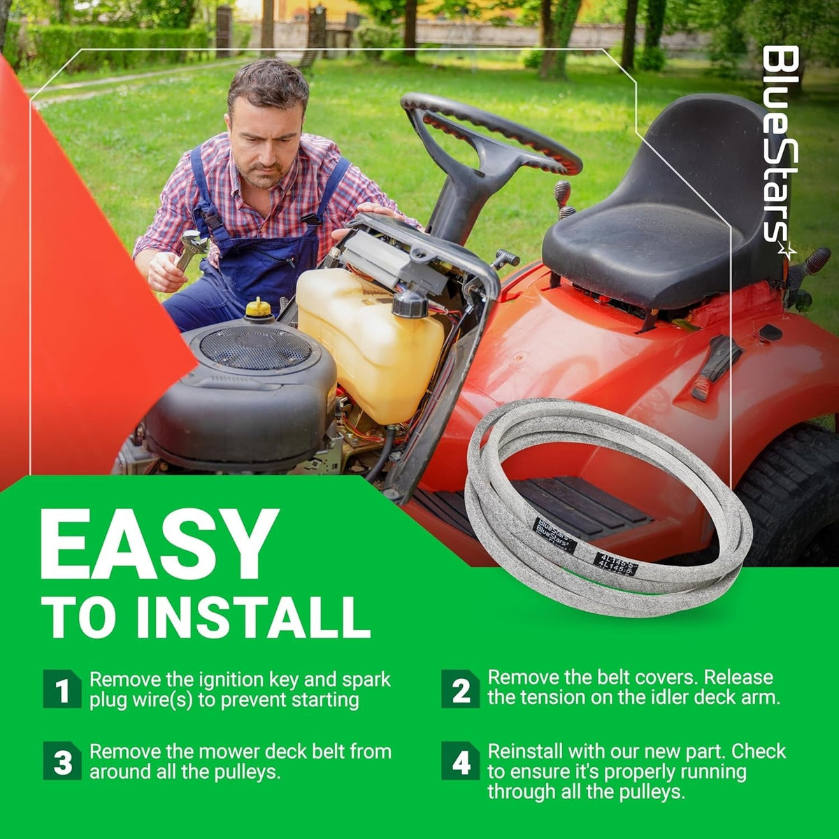 Instructional graphic showing how to install a GX26422 mower deck belt on a John Deere ZTrak zero-turn mower.